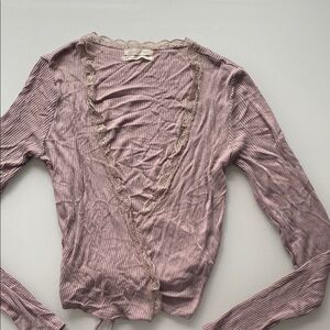 FP Mauve Ribbed Wrap Top with Lace Trim